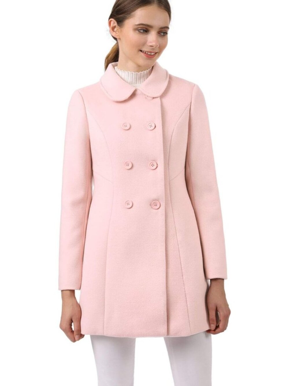 Women's Pink Fully lined Peter Pan Collar Double Breasted Long Trench Pea Coat
